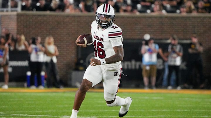 Sep 20, 2025; Columbia, Missouri, USA; South Carolina Gamecocks quarterback LaNorris Sellers (16) runs the ball against the Missouri Tigers during the second half of the game at Faurot Field at Memorial Stadium. Mandatory Credit: Denny Medley-Imagn Images