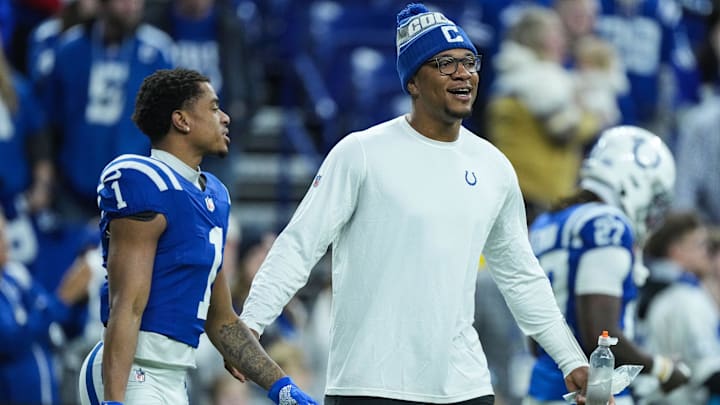 Indianapolis Colts quarterback Anthony Richardson (5) talks to Indianapolis Colts wide receiver Josh Downs (1) on Sunday, Jan. 5, 2025, during pregame warm-up at Lucas Oil Stadium in Indianapolis. Indianapolis Colts quarterback Anthony Richardson (5) talks to Indianapolis Colts wide receiver Josh Downs (1) on Sunday, Jan. 5, 2025, during pregame warm-up at Lucas Oil Stadium in Indianapolis.