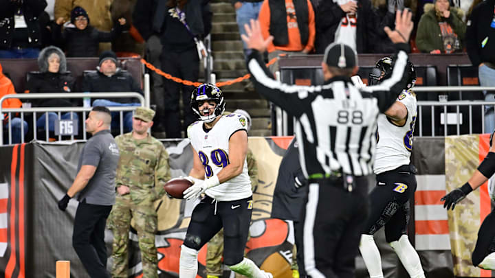Nov 16, 2025; Cleveland, Ohio, USA; Baltimore Ravens tight end Mark Andrews (89) reacts after a touchdown during the fourth quarter against the Cleveland Browns at Huntington Bank Field. Mandatory Credit: Ken Blaze-Imagn Images Nov 16, 2025; Cleveland, Ohio, USA; Baltimore Ravens tight end Mark Andrews (89) reacts after a touchdown during the fourth quarter against the Cleveland Browns at Huntington Bank Field. Mandatory Credit: Ken Blaze-Imagn Images