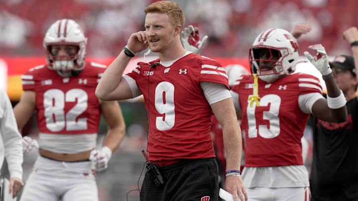 Injured Wisconsin quarterback Billy Edwards Jr. (9) is shown during the fourth quarter of the game Saturday, September 6, 2025 at Camp Randall Stadium in Madison, Wisconsin. Wisconsin beat Middle Tennessee 42-10.