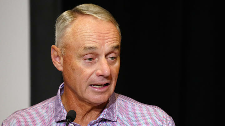 Rob Manfred, Commissioner of the MLB, speaks to the media during Cactus League media day at the Arizona Biltmore on Feb. 18, 2025, in Phoenix. Rob Manfred, Commissioner of the MLB, speaks to the media during Cactus League media day at the Arizona Biltmore on Feb. 18, 2025, in Phoenix.