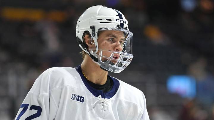 Oct 4, 2025; Tempe, AZ, USA; Penn State Nittany Lions forward Gavin McKenna (72) warms up before the game against the Arizona State Sun Devils at Mullett Arena. Mandatory Credit: Joe Camporeale-Imagn Images