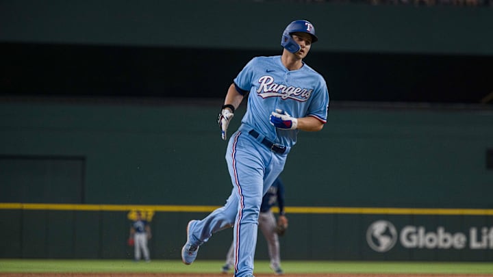 Sep 24, 2023; Arlington, Texas, USA; Texas Rangers shortstop Corey Seager (5) rounds the bases after