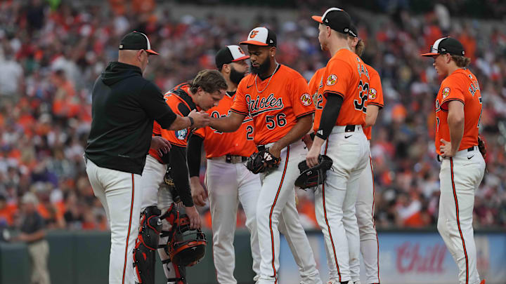 Sep 21, 2024; Baltimore, Maryland, USA; Baltimore Orioles Manager Brandon Hyde (left) removes pitcher Seranthony Domínguez (56) from the game in the eight inning against the Detroit Tigers at Oriole Park at Camden Yards. Sep 21, 2024; Baltimore, Maryland, USA; Baltimore Orioles Manager Brandon Hyde (left) removes pitcher Seranthony Domínguez (56) from the game in the eight inning against the Detroit Tigers at Oriole Park at Camden Yards.