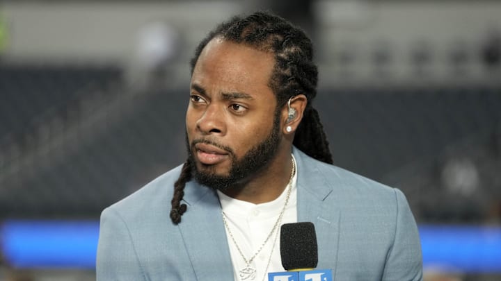 Aug 19, 2022; Inglewood, California, USA; Richard Sherman on the Amazon Prime Thursday Night Football set before the game between the Los Angeles Rams and the Houston Texans at SoFi Stadium. Mandatory Credit: Kirby Lee-Imagn Images Aug 19, 2022; Inglewood, California, USA; Richard Sherman on the Amazon Prime Thursday Night Football set before the game between the Los Angeles Rams and the Houston Texans at SoFi Stadium. Mandatory Credit: Kirby Lee-Imagn Images