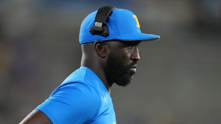 Sep 14, 2024; Pasadena, California, USA; UCLA Bruins head coach DeShaun Foster watches from the sidelines in the second half against the Indiana Hoosiers at Rose Bowl. Mandatory Credit: Kirby Lee-Imagn Images