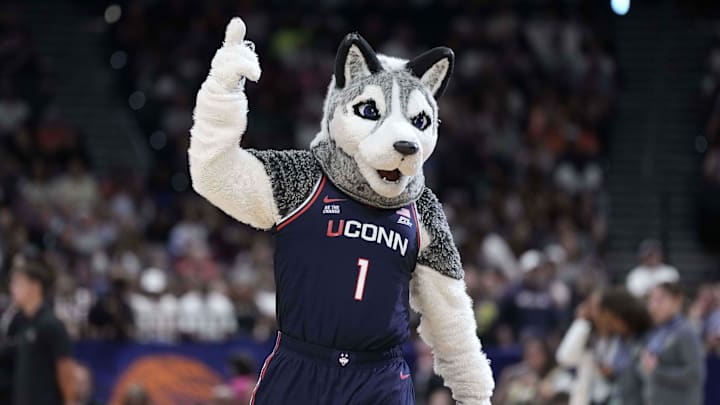 Apr 6, 2025; Tampa, FL, USA; UConn Huskies mascot Jonathan the Husky during the national championship of the women's 2025 NCAA tournament against the South Carolina Gamecocks at Amalie Arena. Mandatory Credit: Kirby Lee-Imagn Images