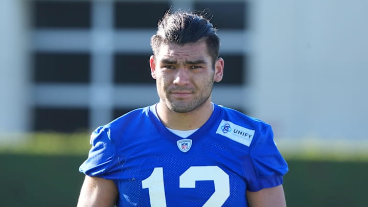 Jul 23, 2025; Los Angeles, CA, USA; Los Angeles Rams receiver Puka Nacua (12) during training camp at Loyola Marymount University. Mandatory Credit: Kirby Lee-Imagn Images