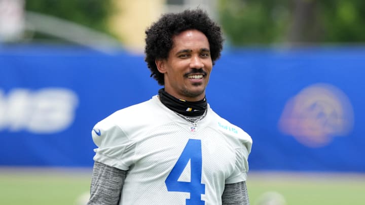 Jun 3, 2025; Woodland Hills, CA, USA; Los Angeles Rams cornerback Ahkello Witherspoon (4) during organized team activities at Rams Practice Facility. Mandatory Credit: Kirby Lee-Imagn Images