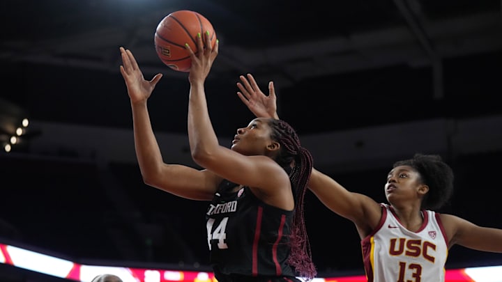 Jan 15, 2023; Los Angeles, California, USA; Stanford Cardinal forward Kiki Iriafen (44) shoots the ball against USC forward Rayah Marshall (13).