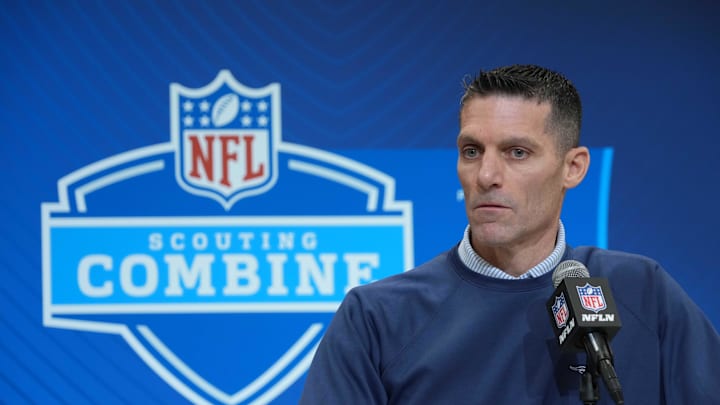 Feb 27, 2025; Indianapolis, IN, USA; Houston Texans general manager Nick Caserio speaks during the 2025 NFL Scouting Combine at the Indiana Convention Center. Mandatory Credit: Kirby Lee-Imagn Images