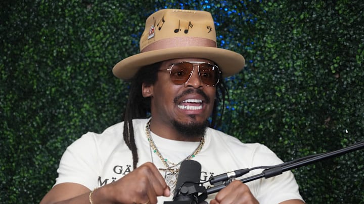 Feb 7, 2025; New Orleans, LA, USA; Cam Newton on Radio Row at the Super Bowl LIX media center. Mandatory Credit: Kirby Lee-Imagn Images