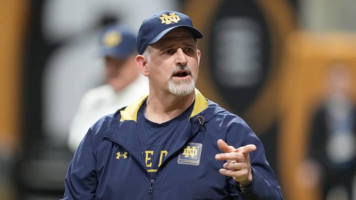 Jan 18, 2025; Atlanta, GA, USA; Notre Dame Fighting Irish offensive line coach Joe Rudolph during practice at Mercedes-Benz Stadium. 