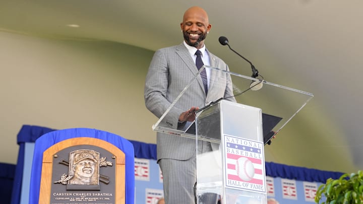 Jul 27, 2025; Cooperstown, NY, USA; Hall of Fame inductee CC Sabathia reacts making his acceptance speech during the Baseball Hall of Fame Induction Ceremony at the Clark Sports Center. Mandatory Credit: Gregory Fisher-Imagn Images