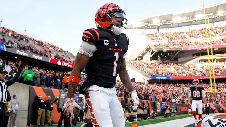 Cincinnati Bengals wide receiver Ja'marr Chase (1) gets to his feet after catching a go-ahead touchdown in the fourth quarter of the NFL Week 18 game between the Cincinnati Bengals and the Cleveland Browns at Paycor Stadium in Downtown Cincinnati on Sunday, Jan. 4, 2026. The Browns kicked a last second field goal to win 20-18. Cincinnati Bengals wide receiver Ja'marr Chase (1) gets to his feet after catching a go-ahead touchdown in the fourth quarter of the NFL Week 18 game between the Cincinnati Bengals and the Cleveland Browns at Paycor Stadium in Downtown Cincinnati on Sunday, Jan. 4, 2026. The Browns kicked a last second field goal to win 20-18.