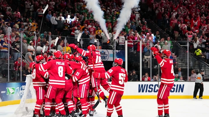Apr 9, 2026; Las Vegas, Nevada, UNITED STATES; Wisconsin Badgers crowd goalie Daniel Hauser (31) after defeating North Dakota Fighting Hawks in the semifinals of the NCAA men's ice hockey Frozen Four at T-Mobile Arena. Mandatory Credit: Stephen R. Sylvanie-Imagn Images Apr 9, 2026; Las Vegas, Nevada, UNITED STATES; Wisconsin Badgers crowd goalie Daniel Hauser (31) after defeating North Dakota Fighting Hawks in the semifinals of the NCAA men's ice hockey Frozen Four at T-Mobile Arena. Mandatory Credit: Stephen R. Sylvanie-Imagn Images
