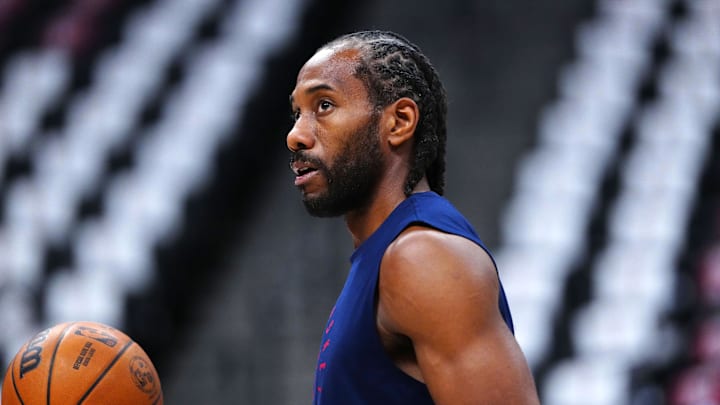 May 3, 2025; Denver, Colorado, USA; LA Clippers forward Kawhi Leonard (2) warms up before the game against the Denver Nuggets during game seven of first round for the 2025 NBA Playoffs at Ball Arena. Mandatory Credit: Ron Chenoy-Imagn Images