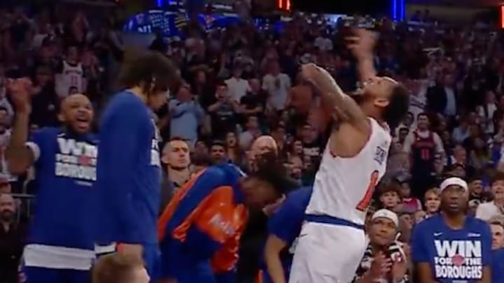 Cam Payne celebrates his huge fourth quarter against the Pistons in the Knicks' Game 1 victory. 