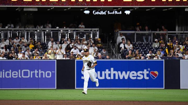 San Diego Padres relief pitcher Jeremiah Estrada (56) runs to the mound at the start of the ninth inning against the Milwaukee Brewers at Petco Park on June 20, 2024. San Diego Padres relief pitcher Jeremiah Estrada (56) runs to the mound at the start of the ninth inning against the Milwaukee Brewers at Petco Park on June 20, 2024.