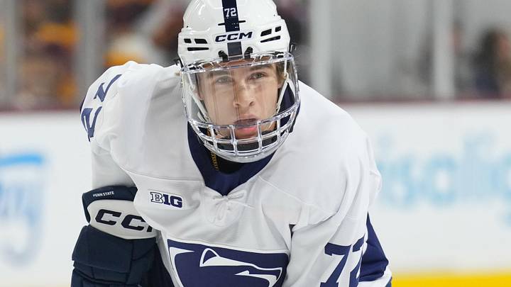 Oct 3, 2025; Tempe, AZ, USA; Penn State Nittany Lions forward Gavin McKenna (72) in action against the Arizona State Sun Devils at Mullett Arena. Mandatory Credit: Joe Camporeale-Imagn Images
