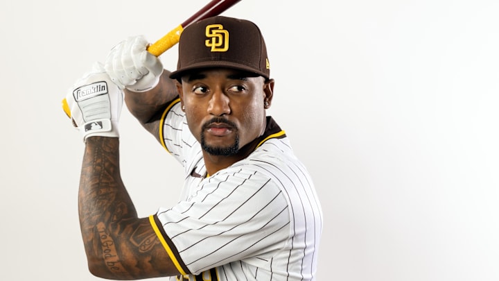 Feb 19, 2025; Peoria, AZ, USA; San Diego Padres infielder Niko Goodrum poses for a portrait during Media Day at Peoria Sports Complex. Feb 19, 2025; Peoria, AZ, USA; San Diego Padres infielder Niko Goodrum poses for a portrait during Media Day at Peoria Sports Complex.