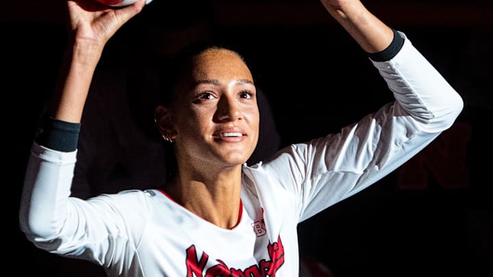 Nebraska Cornhuskers outside hitter Harper Murray (27) waves to fans during introductions before the match against the Illinois Fighting Illini at Bob Devaney Sports Center