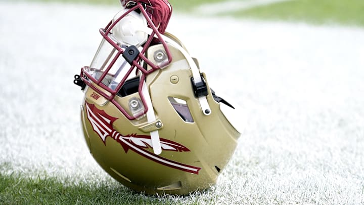 Apr 20, 2024; Tallahassee, Florida, USA; Florida State Seminoles helmet during the Spring Showcase at Doak S. Campbell Stadium. Mandatory Credit: Melina Myers-Imagn Images