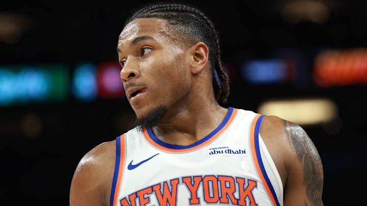 Jan 9, 2026; Phoenix, Arizona, USA; New York Knicks guard Miles McBride (2) against the Phoenix Suns at Mortgage Matchup Center. Mandatory Credit: Mark J. Rebilas-Imagn Images