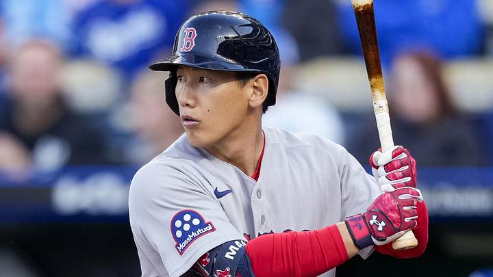 May 20, 2026; Kansas City, Missouri, USA; Boston Red Sox designated hitter Masataka Yoshida (7) bats during the first inning against the Kansas City Royals at Kauffman Stadium. Mandatory Credit: Jay Biggerstaff-Imagn Images