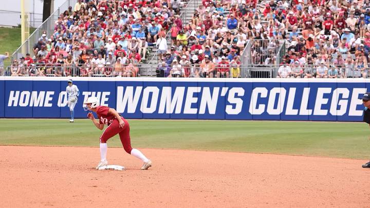 Alabama softball player Kinley Pate (6) runs the bases against UCLA at Devon Park in Oklahoma City, Oklahoma on Thursday, May 30, 2024. Alabama softball player Kinley Pate (6) runs the bases against UCLA at Devon Park in Oklahoma City, Oklahoma on Thursday, May 30, 2024.