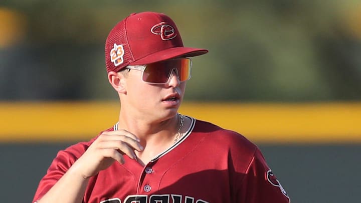 Jul 28, 2023; Scottsdale, AZ, USA; Diamondbacks prospect Tommy Troy practices at Salt River Fields in Scottsdale on Friday, July 28, 2023.