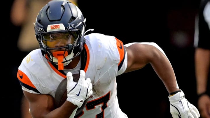 Sep 21, 2025; Inglewood, California, USA; Denver Broncos running back J.K. Dobbins (27) carries the ball in the second half against the Los Angeles Chargers at SoFi Stadium. Sep 21, 2025; Inglewood, California, USA; Denver Broncos running back J.K. Dobbins (27) carries the ball in the second half against the Los Angeles Chargers at SoFi Stadium.