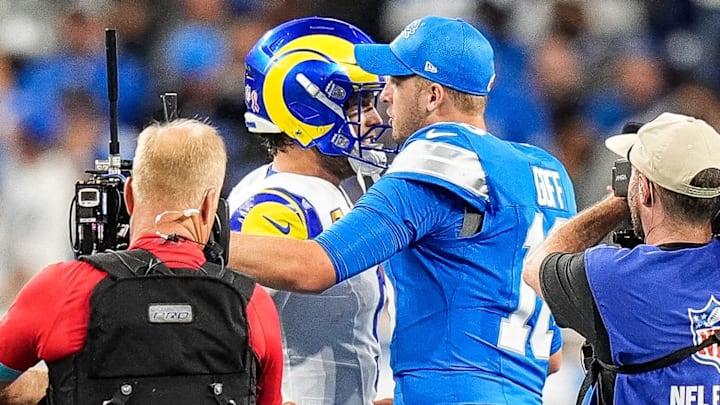 Detroit Lions quarterback Jared Goff hugs Los Angeles Rams quarterback Matthew Stafford.