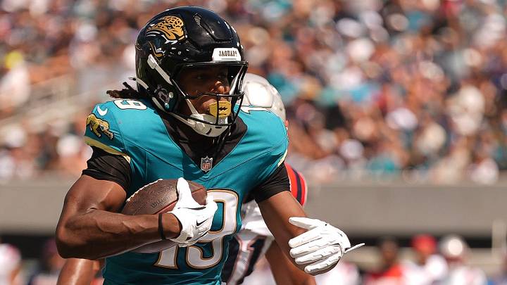 Jacksonville Jaguars wide receiver Josh Cameron (19) scores a touchdown in the first quarter during an NFL football game at EverBank Stadium, Sunday, September 27, 2026, in Jacksonville, Fla. [Doug Engle/Florida Times-Union]