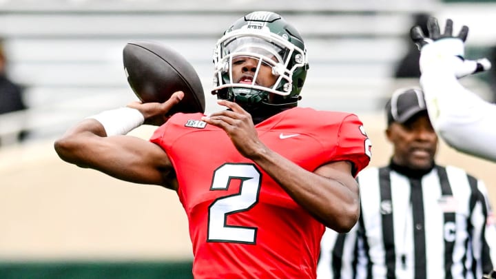 Michigan State quarterback Aidan Chiles throws a pass during the Spring Showcase on Saturday, April 20, 2024, at Spartan Stadium in East Lansing.