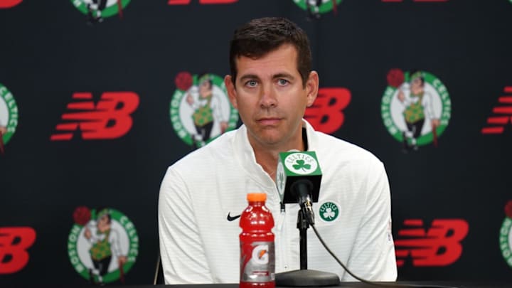 Boston Celtics general manager Stevens talks to reporters during media day at Auerbach Center. 