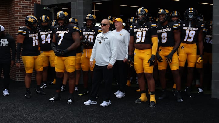 Sep 6, 2025; Columbia, Missouri, USA; Missouri Tigers team takes the field ahead of the renewed Border Showdown between the Tigers and Kansas Jayhawks at Faurot Field at Memorial Stadium.