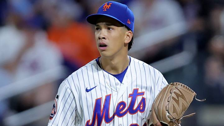 Sep 14, 2026; New York City, New York, USA; New York Mets starting pitcher Jonah Tong (21) reacts during the sixth inning against the Baltimore Orioles at Citi Field. Mandatory Credit: Brad Penner-Imagn Images