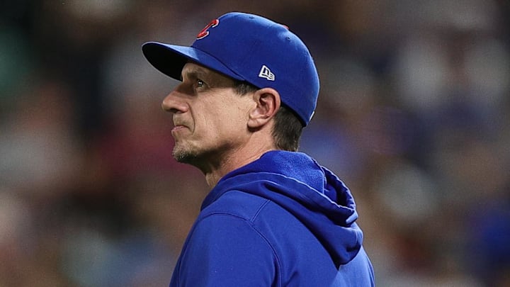 Sep 13, 2024; Denver, Colorado, USA; Chicago Cubs manager Craig Counsell walks to the mound. Sep 13, 2024; Denver, Colorado, USA; Chicago Cubs manager Craig Counsell walks to the mound.