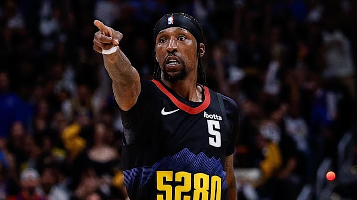 Denver Nuggets guard Kentavious Caldwell-Pope reacts after a play in the third quarter against the Minnesota Timberwolves during game five of the second round for the 2024 NBA playoffs.