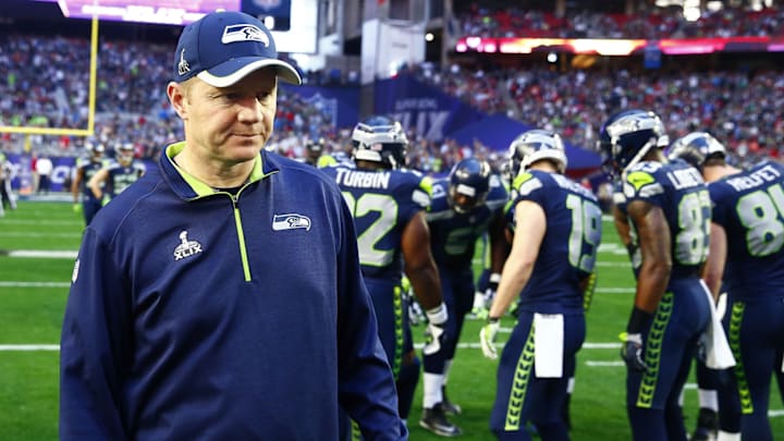 Feb 1, 2015; Glendale, AZ, USA; Seattle Seahawks offensive coordinator Darrell Bevell prior to the game against the New England Patriots in Super Bowl XLIX at University of Phoenix Stadium. Feb 1, 2015; Glendale, AZ, USA; Seattle Seahawks offensive coordinator Darrell Bevell prior to the game against the New England Patriots in Super Bowl XLIX at University of Phoenix Stadium.