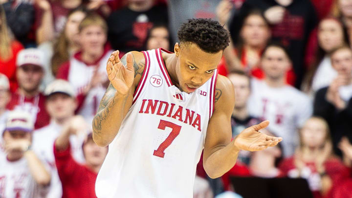 Indiana's Nick Dorn (7) celebrates during the Indiana versus Oregon men's basketball game at Simon Skjodt Assembly Hall on Monday, Feb. 9, 2026.