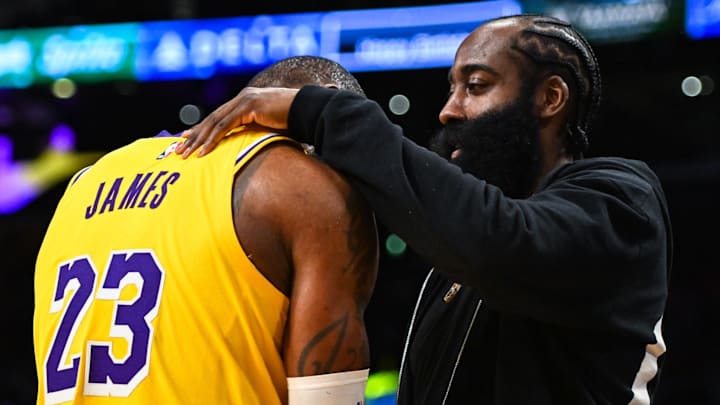 Nov 1, 2023; Los Angeles, California, USA; LA Clippers guard James Harden (1) greets Los Angeles Lakers forward LeBron James (23) on the sidelines during the fourth quarter at Crypto.com Arena. Mandatory Credit: Jonathan Hui-Imagn Images Nov 1, 2023; Los Angeles, California, USA; LA Clippers guard James Harden (1) greets Los Angeles Lakers forward LeBron James (23) on the sidelines during the fourth quarter at Crypto.com Arena. Mandatory Credit: Jonathan Hui-Imagn Images