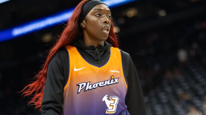 Phoenix Mercury guard Kahleah Copper (2) warms up in a Phoenix Mercury guard Diana Taurasi (3) jersey on Sept. 19, 2024 at Footprint Center in Phoenix.