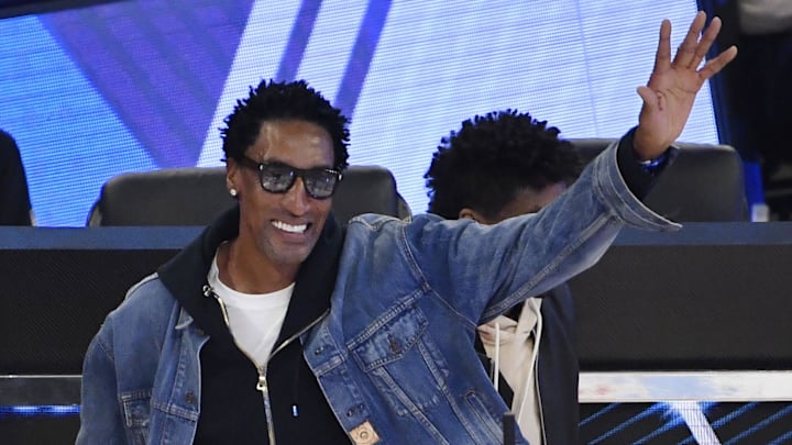 Feb 15, 2020; Chicago, Illinois, USA; Chicago Bulls former player Scottie Pippen is introduced before the slam dunk contest during NBA All Star Saturday Night at United Center. Mandatory Credit: Quinn Harris-Imagn Images