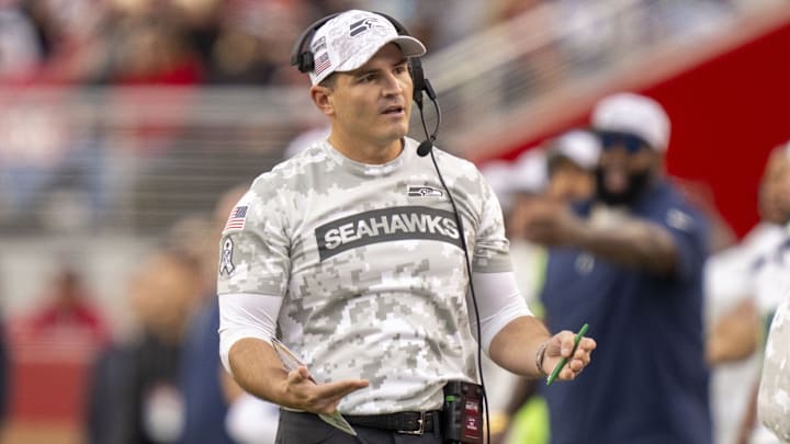 November 17, 2024; Santa Clara, California, USA; Seattle Seahawks head coach Mike Macdonald talks to his staff during the fourth quarter against the San Francisco 49ers at Levi's Stadium.