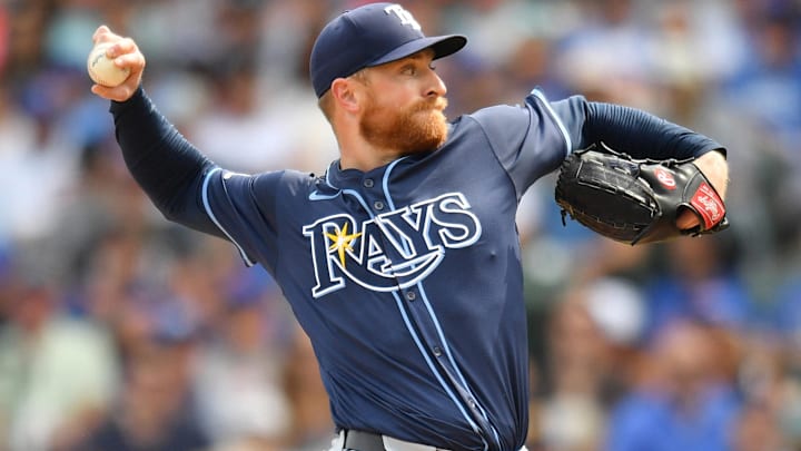 Sep 13, 2025; Chicago, Illinois, USA; Tampa Bay Rays starting pitcher Drew Rasmussen (57) pitches against the Chicago Cubs during the first inning at Wrigley Field.