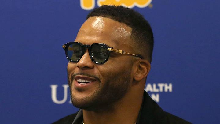 Former Los Angeles Rams defensive tackle Aaron Donald speaks at a press conference