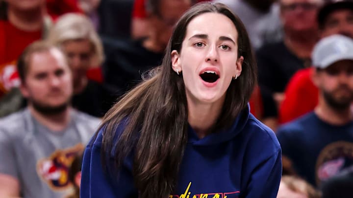 Indiana Fever guard Caitlin Clark (22) cheers on the team Thursday, June 26, 2025, during a game between the Indiana Fever and the Los Angeles Sparks at Gainbridge Fieldhouse in Indianapolis.