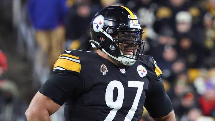 Nov 30, 2025; Pittsburgh, Pennsylvania, USA;  Pittsburgh Steelers defensive tackle Cameron Heyward (97) looks on during the second quarter against the Buffalo Bills at Acrisure Stadium. Mandatory Credit: Charles LeClaire-Imagn Images